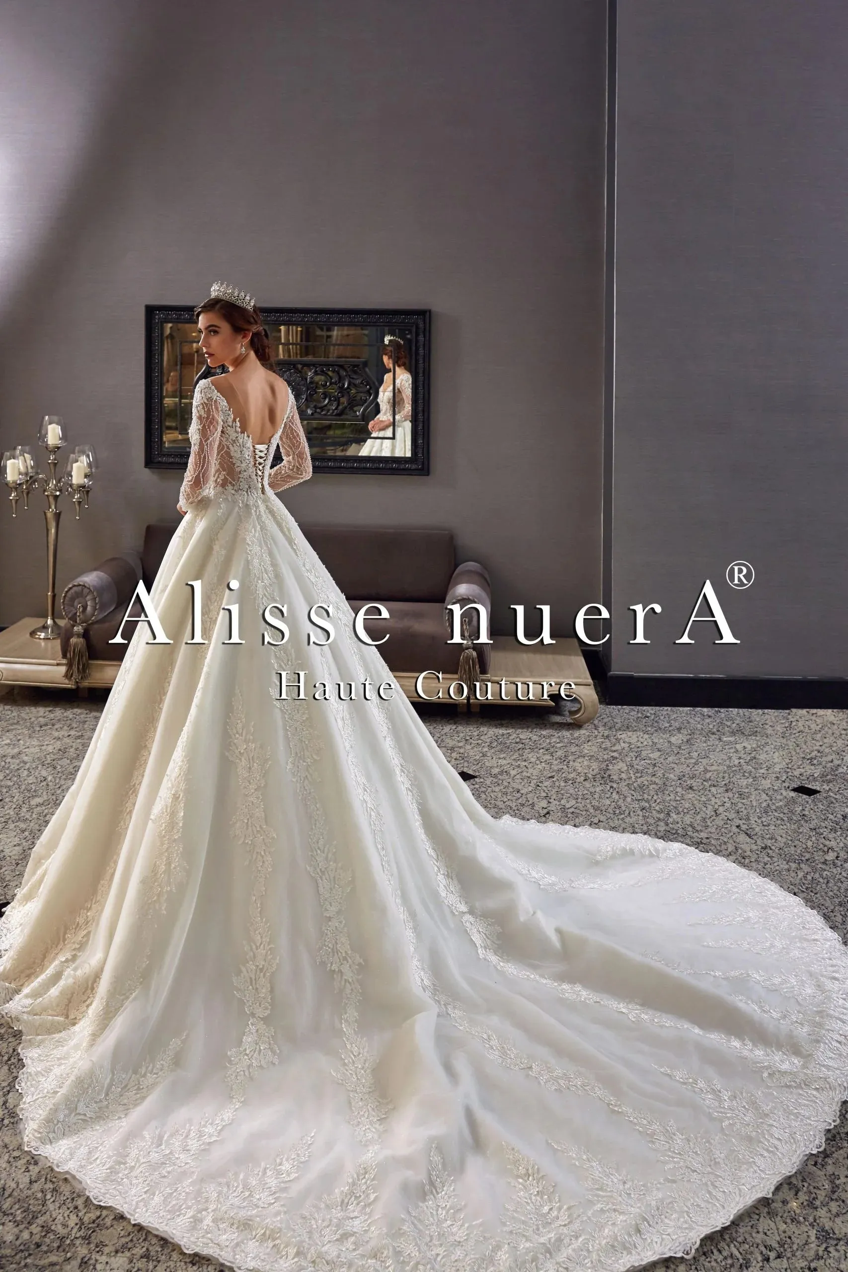 A Line Transparent Wedding Dress and Long Bridal Veil with Lace Hem