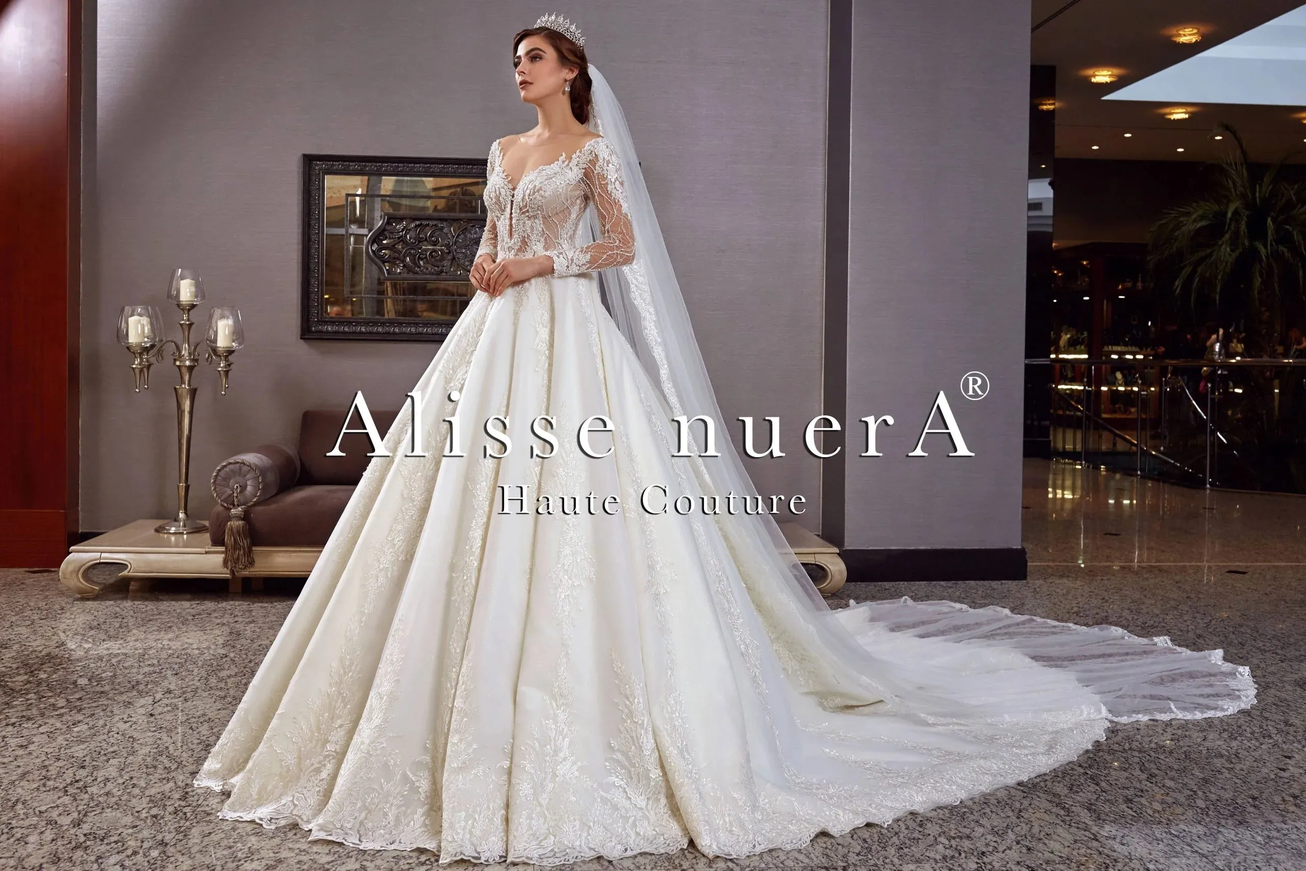 A Line Transparent Wedding Dress and Long Bridal Veil with Lace Hem