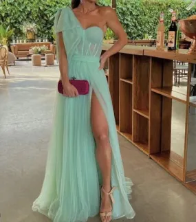 A-line Tulle Sweetheart One Shoulder Prom Evening Gowns High Slit