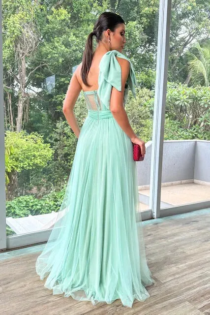 A-line Tulle Sweetheart One Shoulder Prom Evening Gowns High Slit