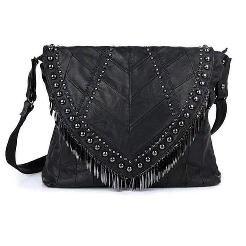 All-match Genuine Leather Women Handbags Designer Tassel Female Shoulder Bags Rivet Bag