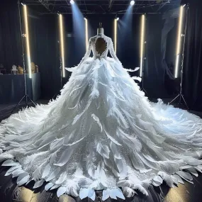 Amelia  Elegant   Feather Touch White Long Sleeves Ball Gown Wedding Dress