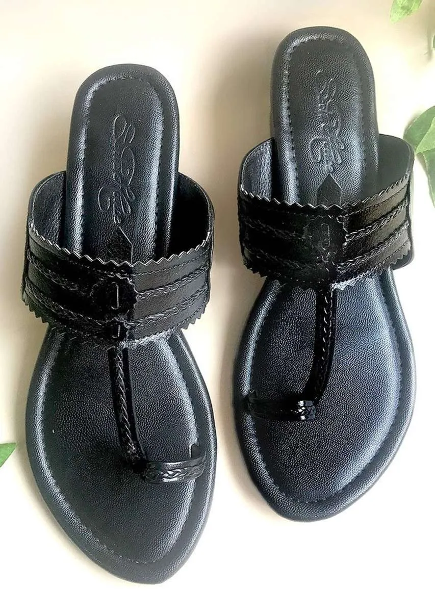 Black Kolhapuris With Block Heel And Braded Design By Sole House