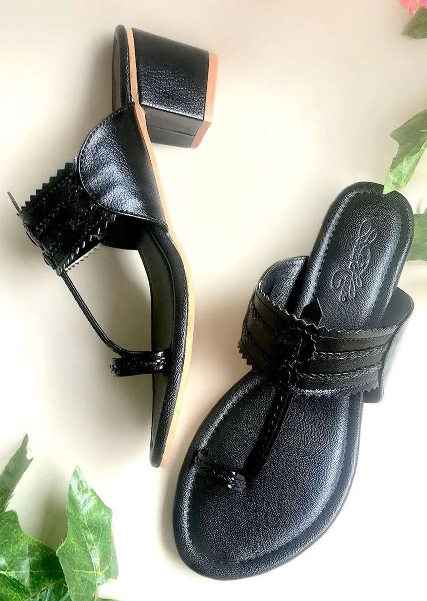 Black Kolhapuris With Block Heel And Braded Design By Sole House