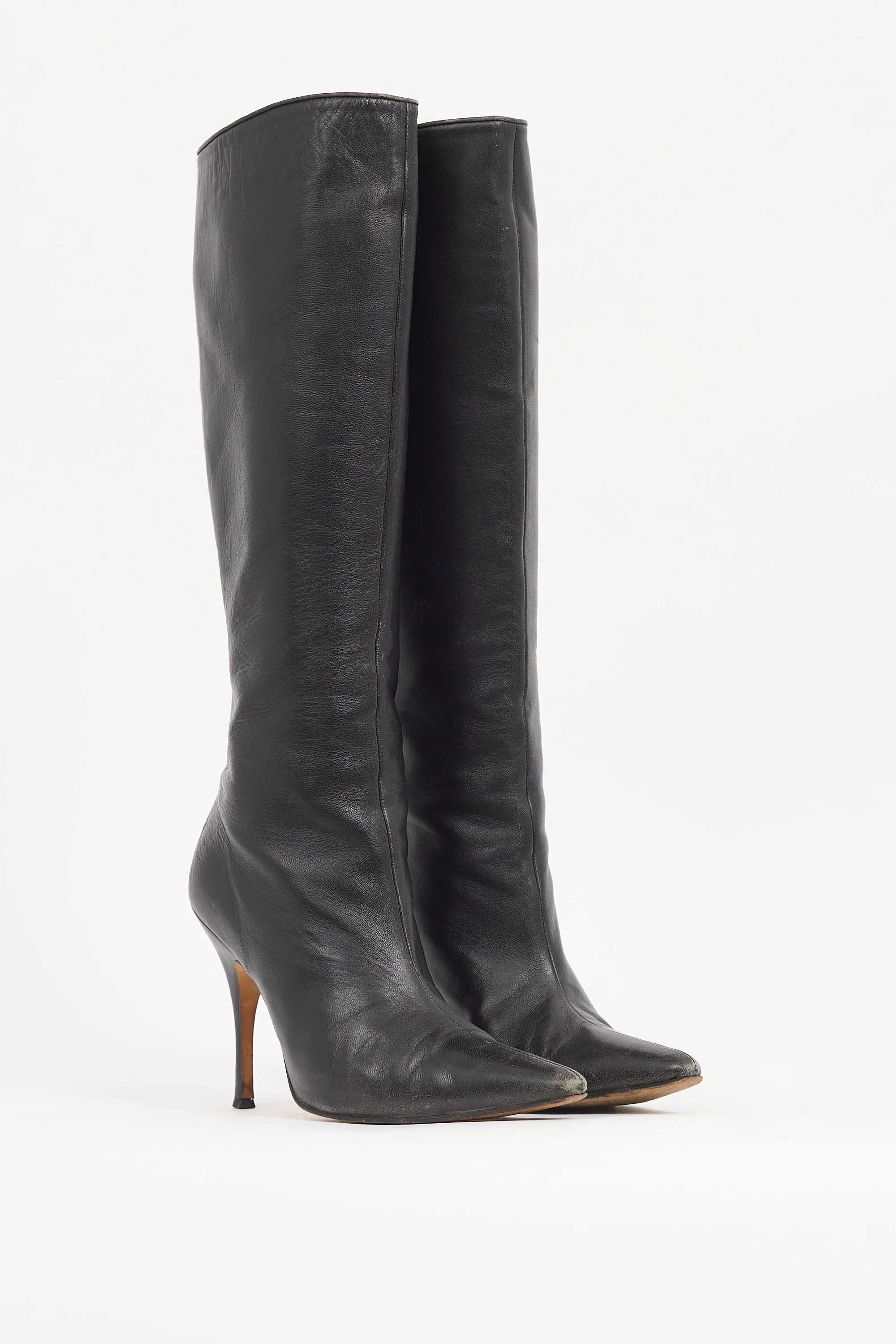 Black Leather Pointed Knee High Boot