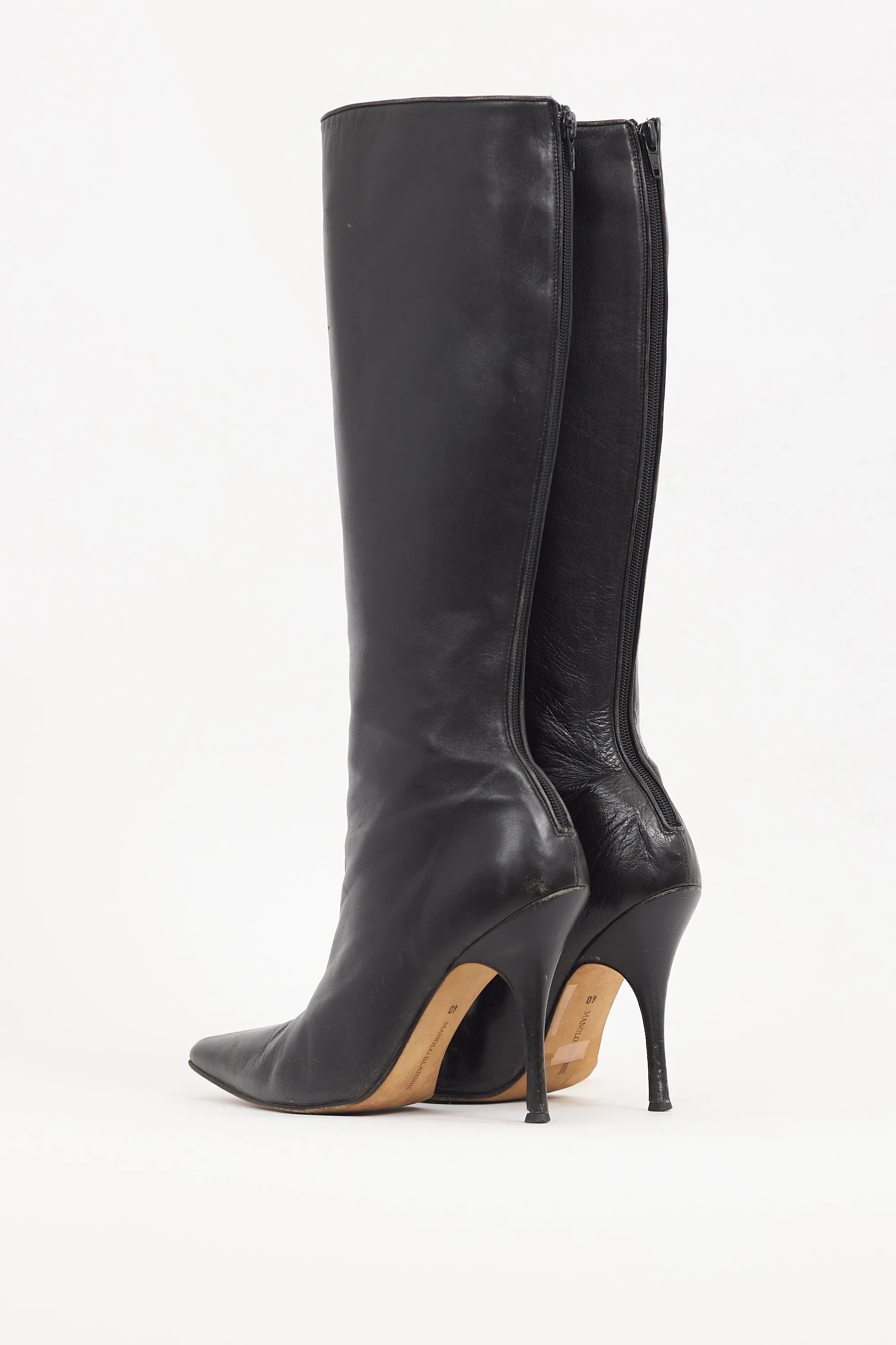 Black Leather Pointed Knee High Boot