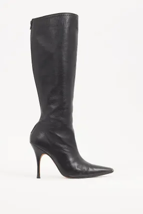 Black Leather Pointed Knee High Boot