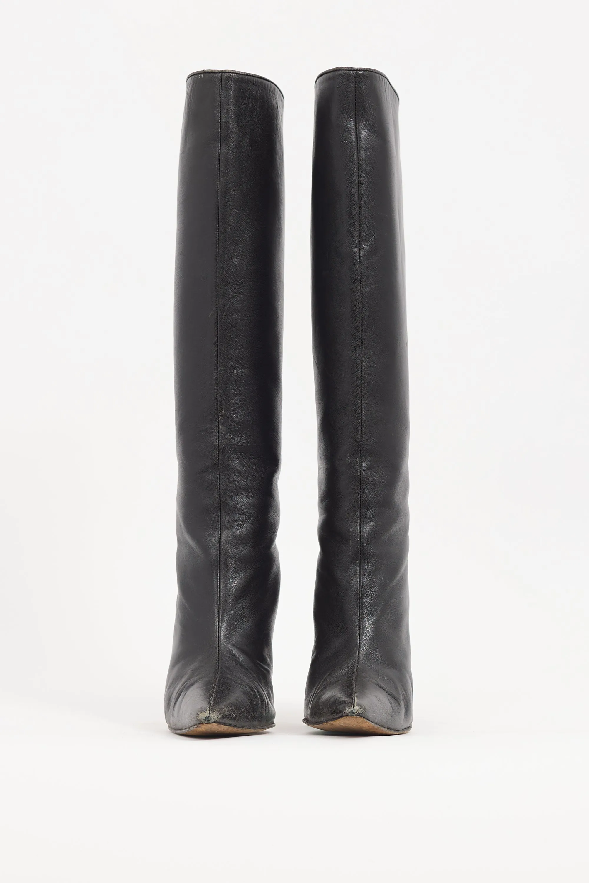 Black Leather Pointed Knee High Boot
