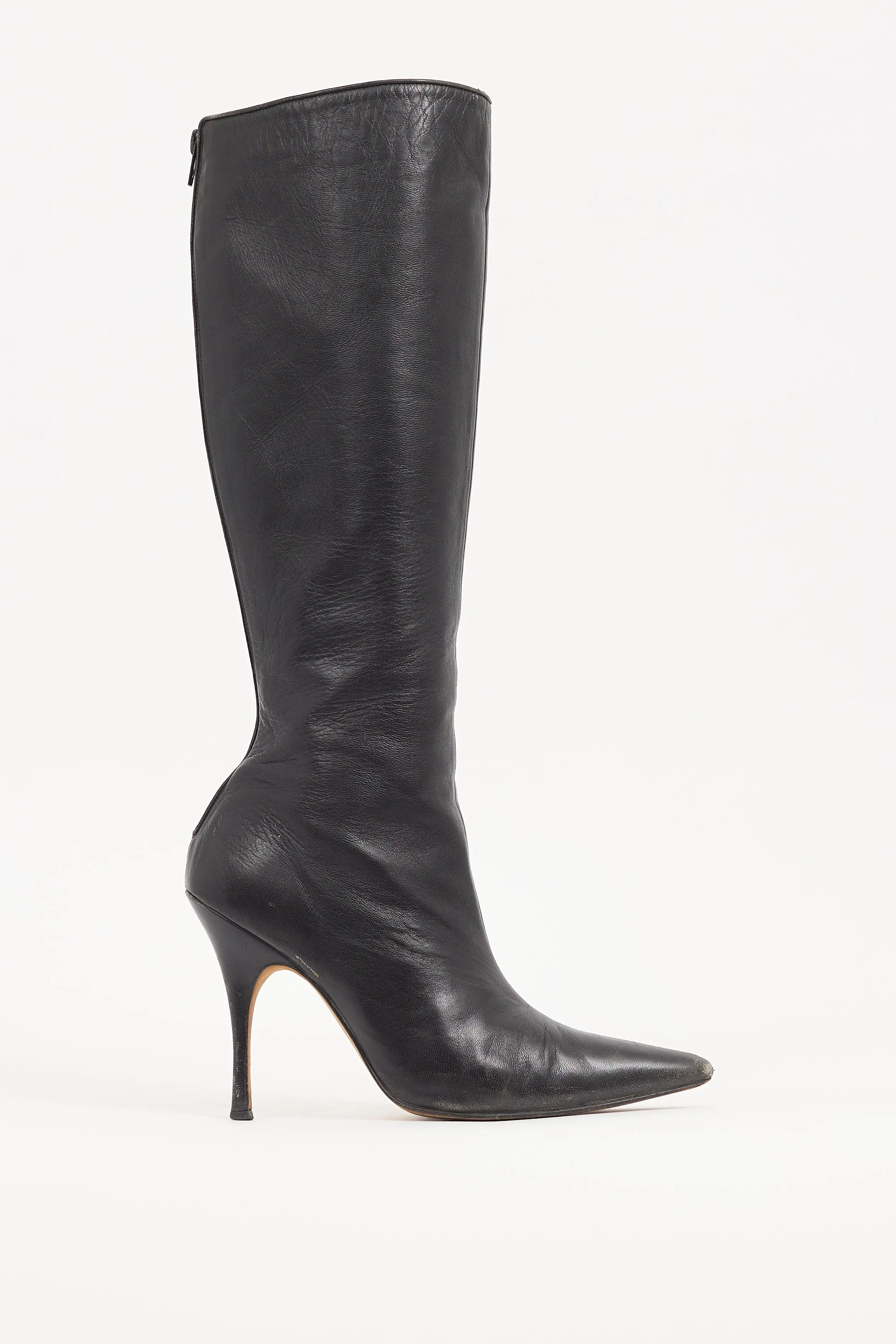 Black Leather Pointed Knee High Boot