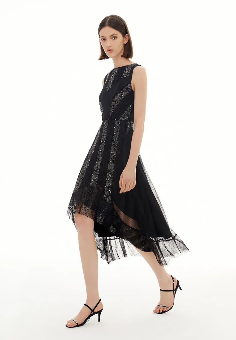 Black Sequins Stripe Detail Lace Sleeveless Cocktail Dress