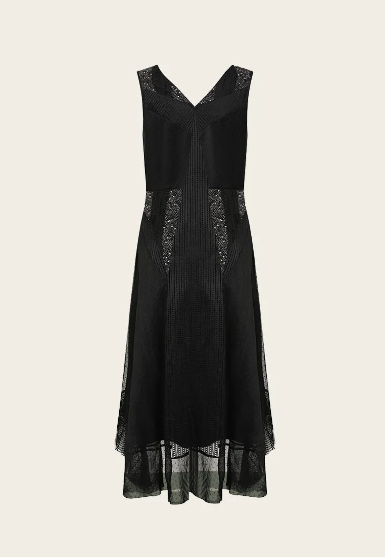 Black Sequins Stripe Detail Lace Sleeveless Cocktail Dress