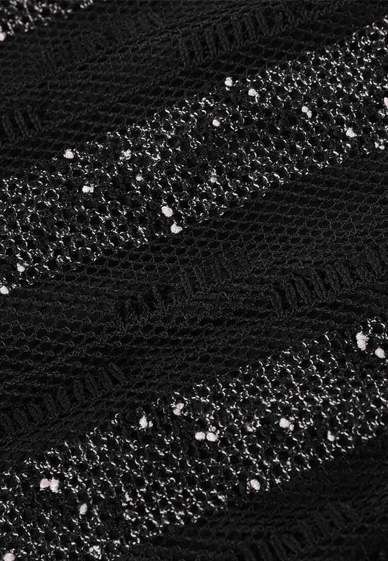 Black Sequins Stripe Detail Lace Sleeveless Cocktail Dress