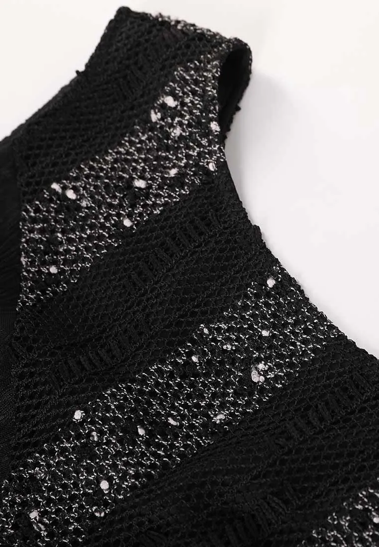 Black Sequins Stripe Detail Lace Sleeveless Cocktail Dress