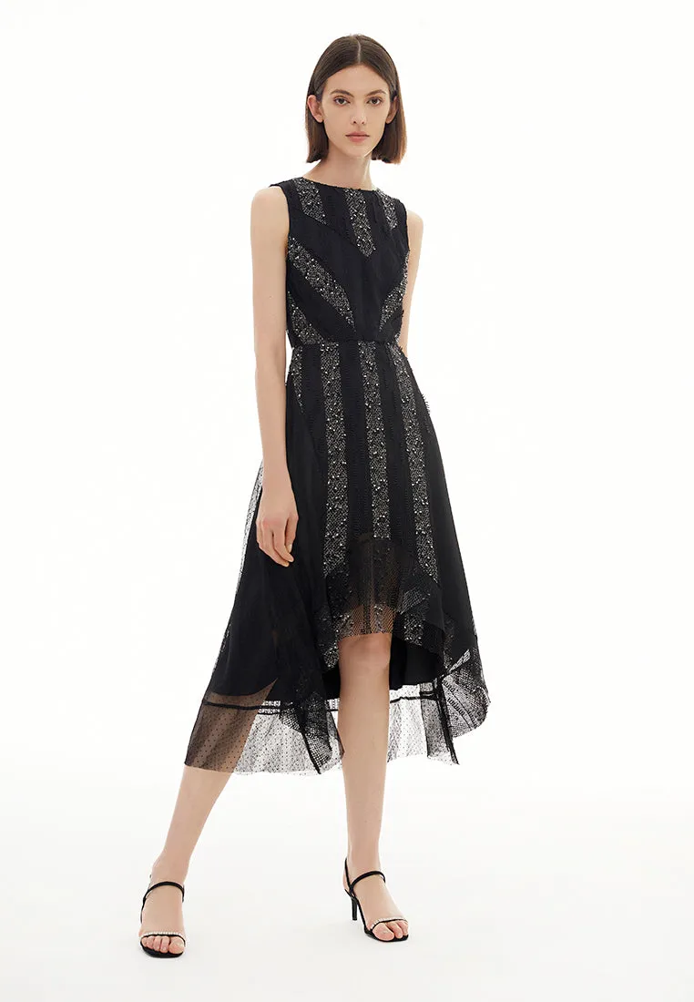 Black Sequins Stripe Detail Lace Sleeveless Cocktail Dress