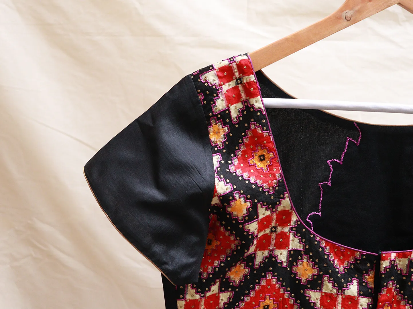 Black, silk Orissa ikkat, Hand embroidery blouse