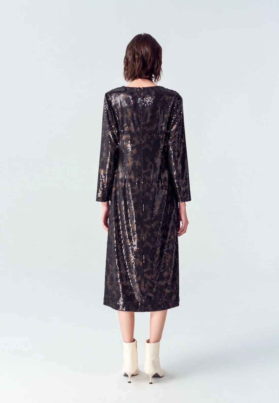 Black V-neck Sequin Long-sleeved Dress