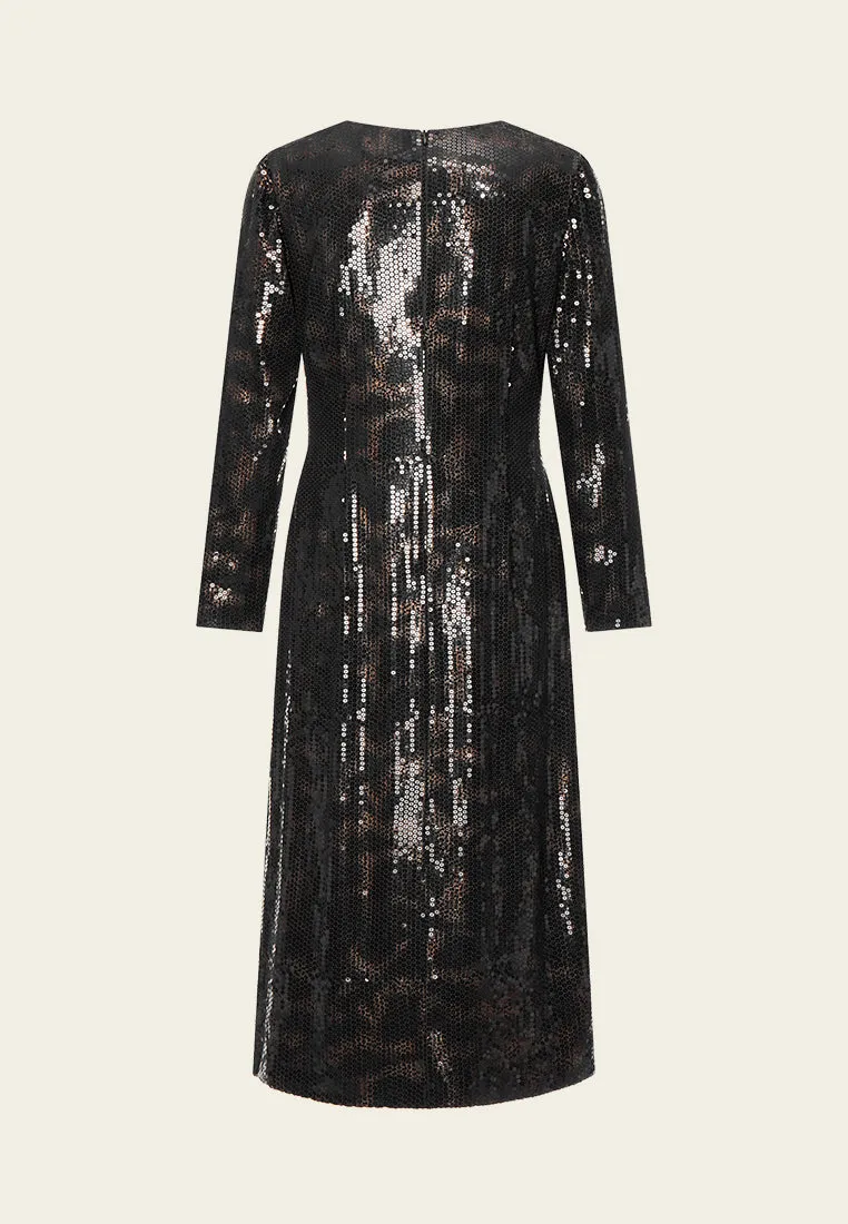 Black V-neck Sequin Long-sleeved Dress