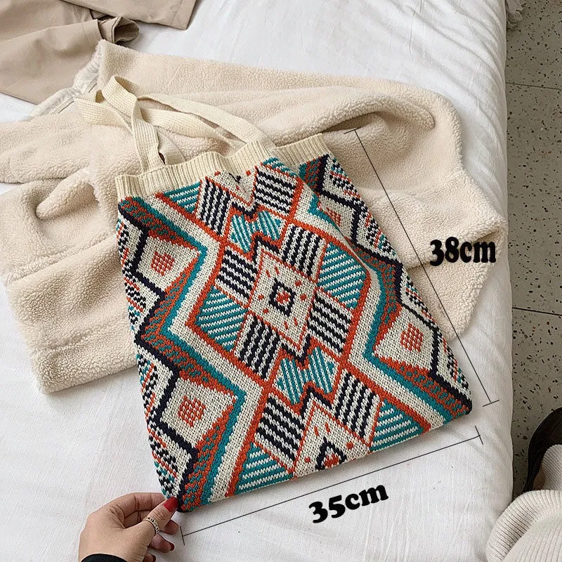 Boho-Inspired Aztec Pattern Knitted Tote Bags