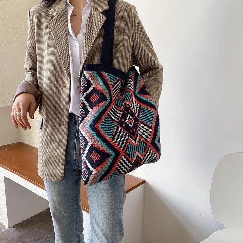 Boho-Inspired Aztec Pattern Knitted Tote Bags