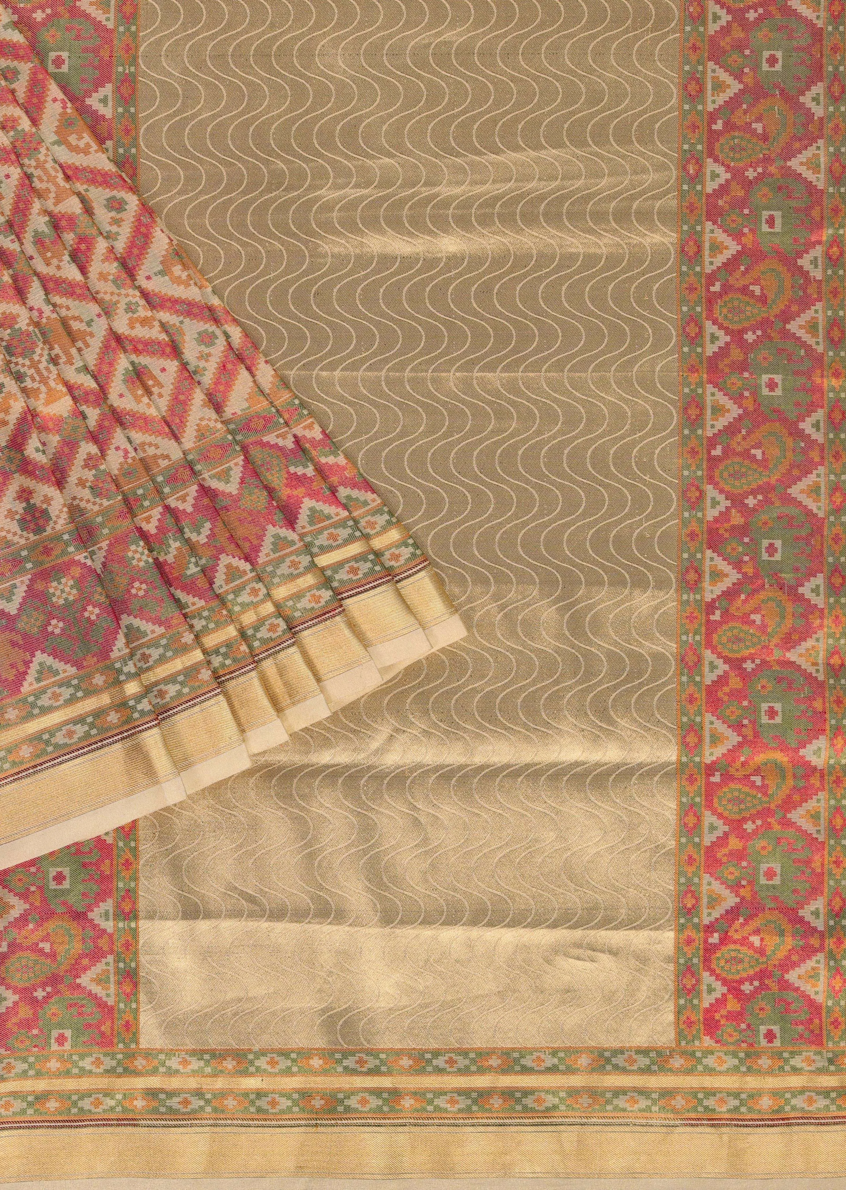 Champagne Brown Banarasi Saree In Katan Silk With Patola Ikat Weave And An Unstitched Blouse