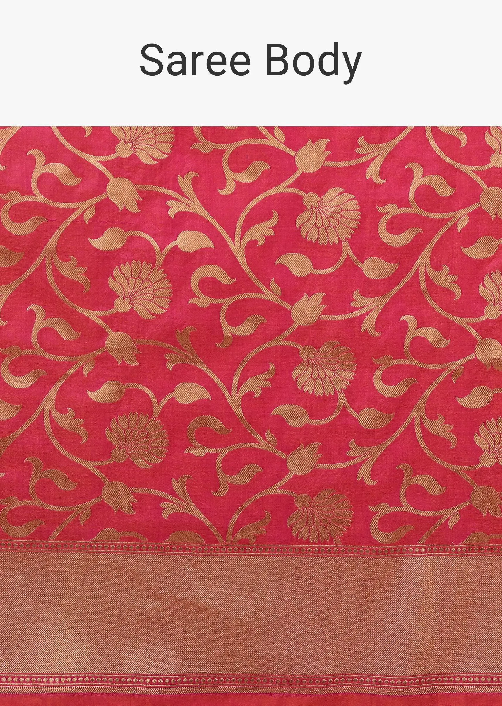Cherry Pink Saree In Pure Banarasi Silk With An Orange Luminous Shade And Upada Zari Weave Floral Jaal Work