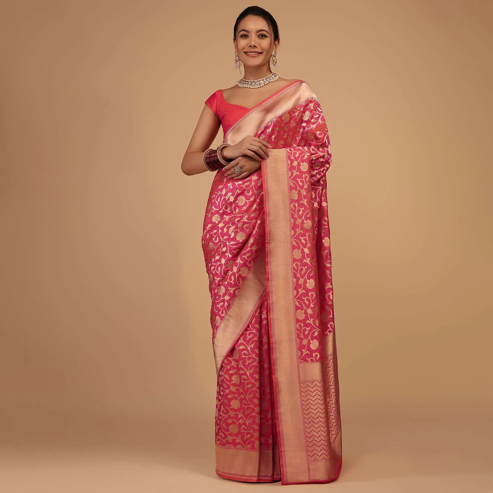 Cherry Pink Saree In Pure Banarasi Silk With An Orange Luminous Shade And Upada Zari Weave Floral Jaal Work