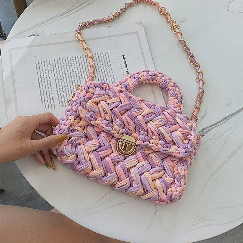 Christmas Gift Casual Solid Hand-woven Women Handbags Cotton Crochet Handmade Women Shoulder Messenger Bag Chian Females Totes Ladies Hand Bags