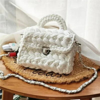 Christmas Gift Casual Solid Hand-woven Women Handbags Cotton Crochet Handmade Women Shoulder Messenger Bag Chian Females Totes Ladies Hand Bags
