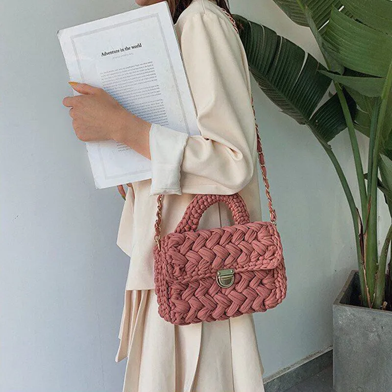 Christmas Gift Casual Solid Hand-woven Women Handbags Cotton Crochet Handmade Women Shoulder Messenger Bag Chian Females Totes Ladies Hand Bags