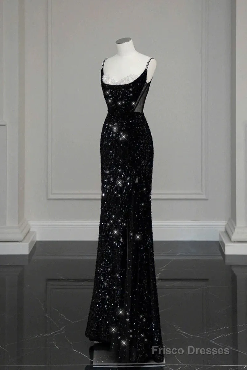 Classy Mermaid Spaghetti Straps Black Sequin Slit Long Evening Gowns Prom Dress