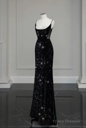 Classy Mermaid Spaghetti Straps Black Sequin Slit Long Evening Gowns Prom Dress