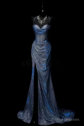 Classy Mermaid Spaghetti Straps Navy Blue Sequin Long Evening Gowns Prom Dress