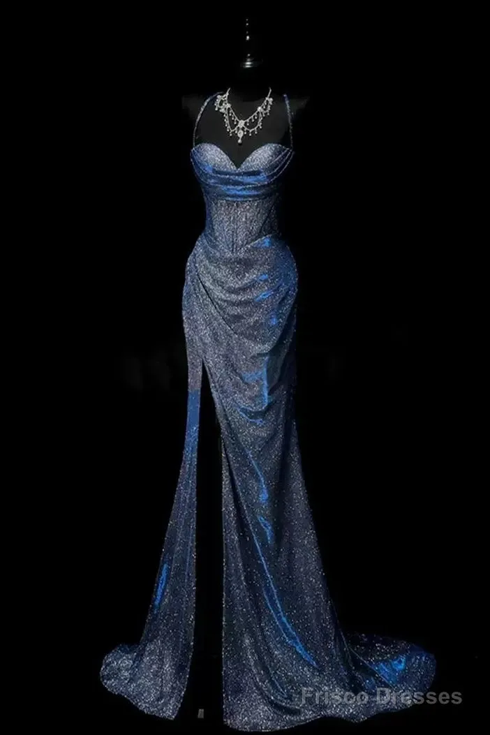 Classy Mermaid Spaghetti Straps Navy Blue Sequin Long Evening Gowns Prom Dress