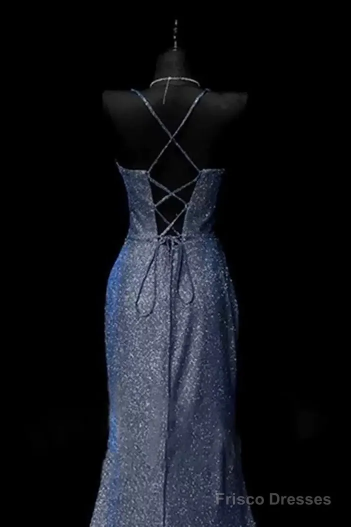 Classy Mermaid Spaghetti Straps Navy Blue Sequin Long Evening Gowns Prom Dress