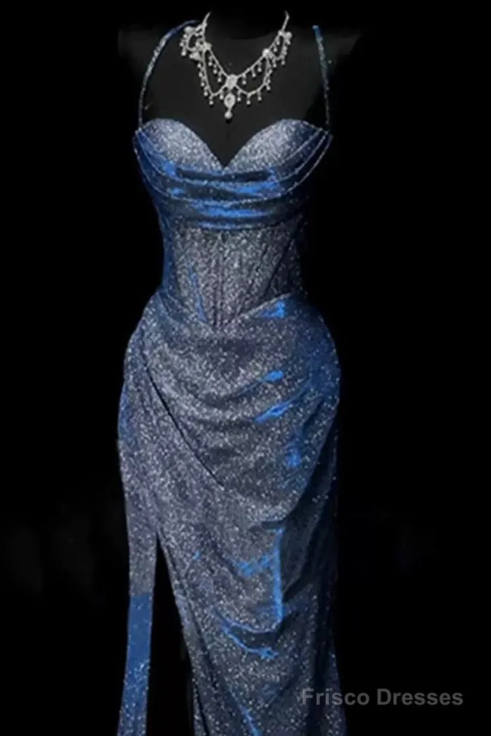 Classy Mermaid Spaghetti Straps Navy Blue Sequin Long Evening Gowns Prom Dress