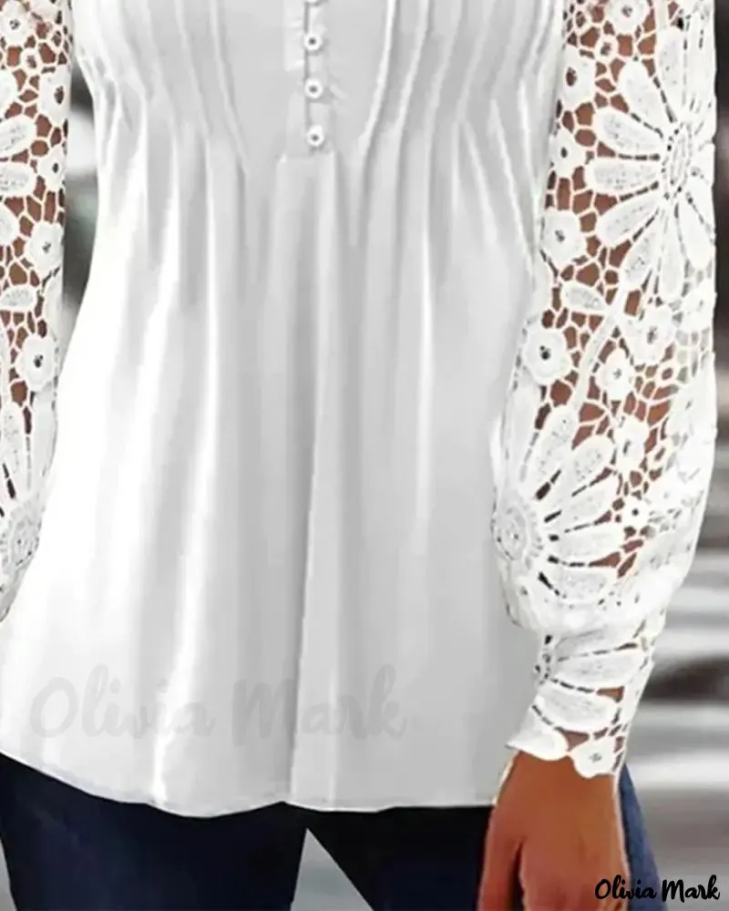 Deanwangkt - Contrast Lace Button-Down Long Sleeve Top