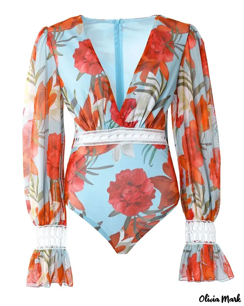Deanwangkt - Floral Print Lantern Sleeve Lace Bodysuit
