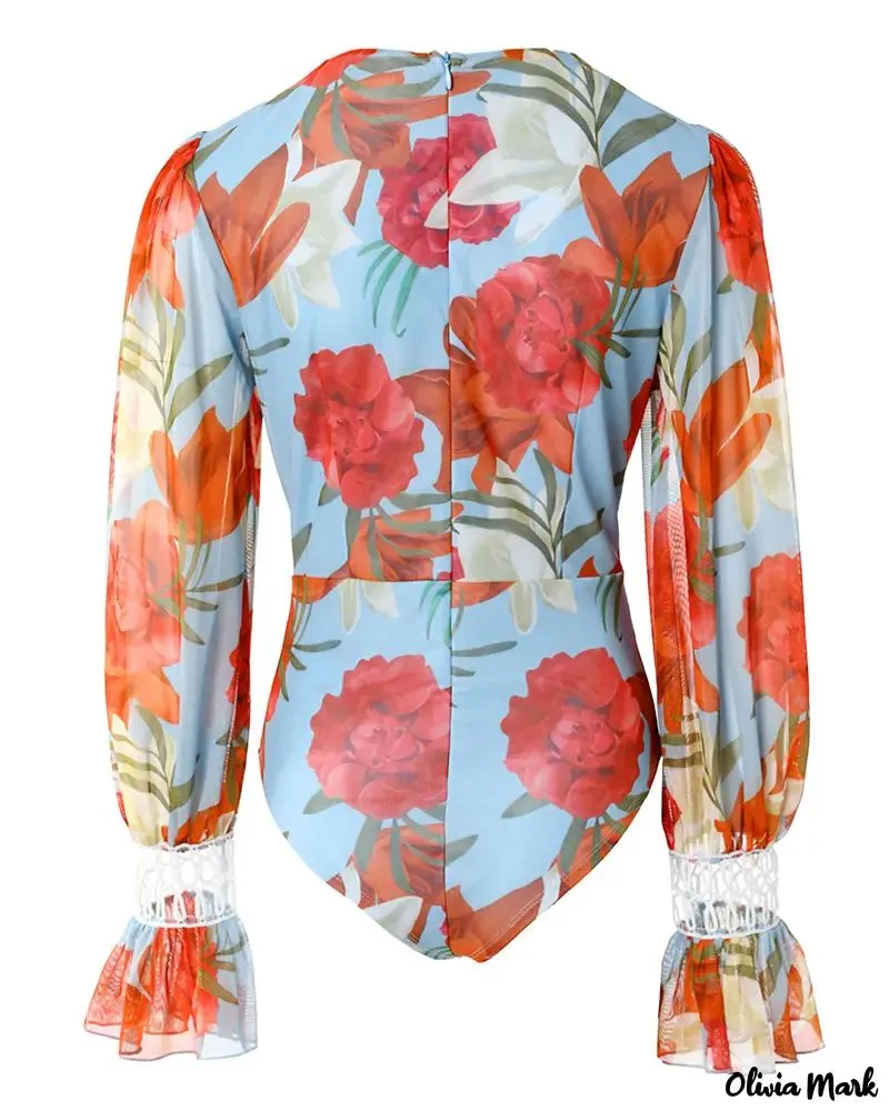 Deanwangkt - Floral Print Lantern Sleeve Lace Bodysuit