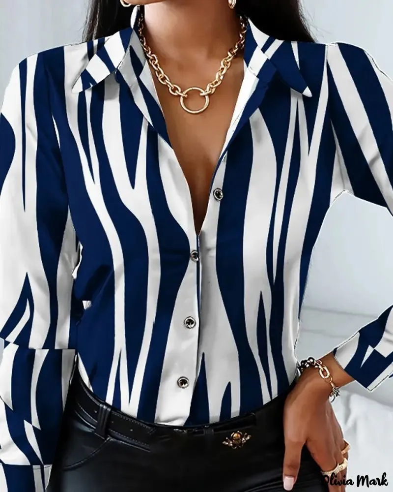 Deanwangkt - Striped Print Button-Up Long Sleeve Top