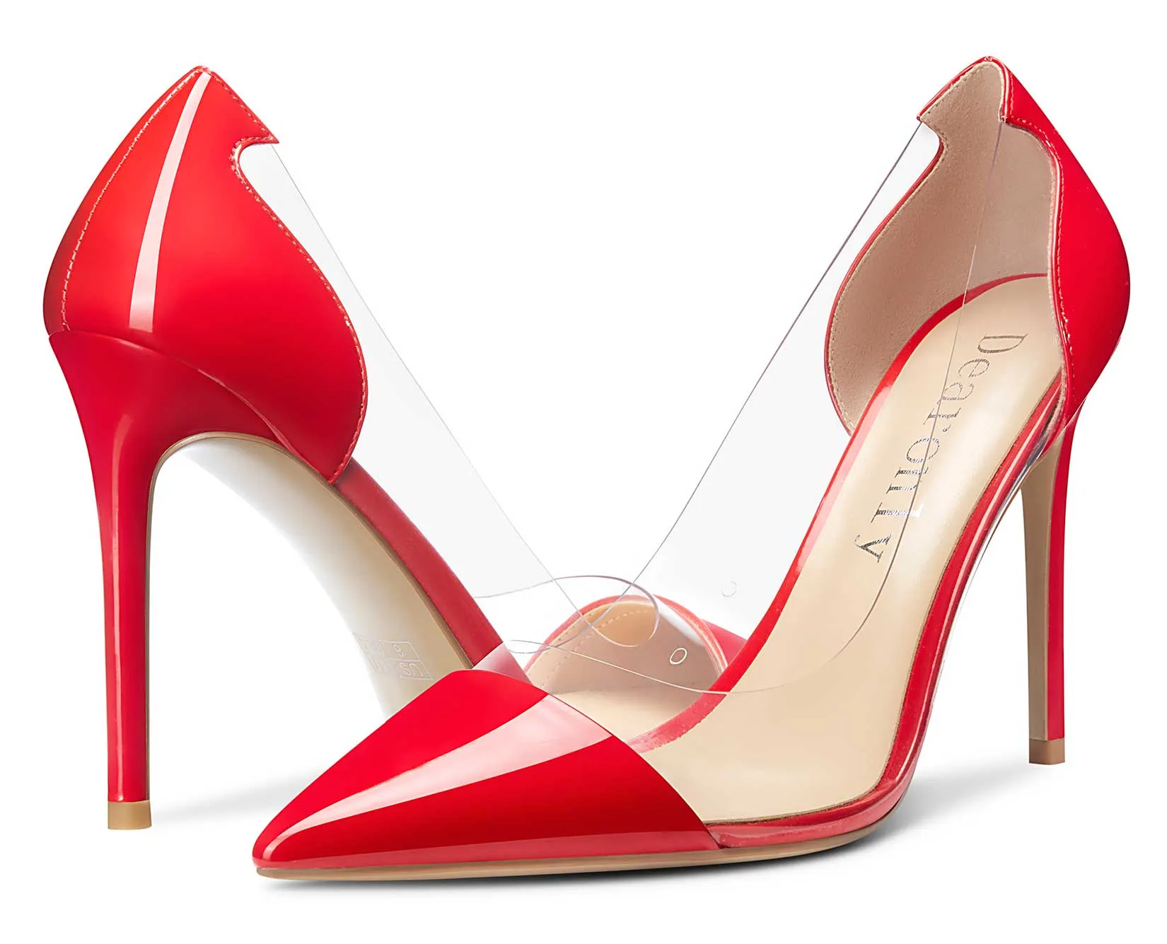 DearOnly Women's High Heels Transparent Clear Pumps Slip On Sexy Pointed Toe Stilettos 4" Inch Red Colorfull Patent Heel