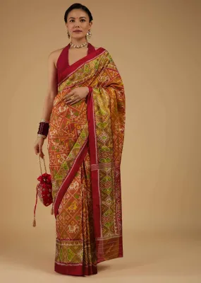 Fire Orange Saree In Silk With Ikat Weave Patola Work