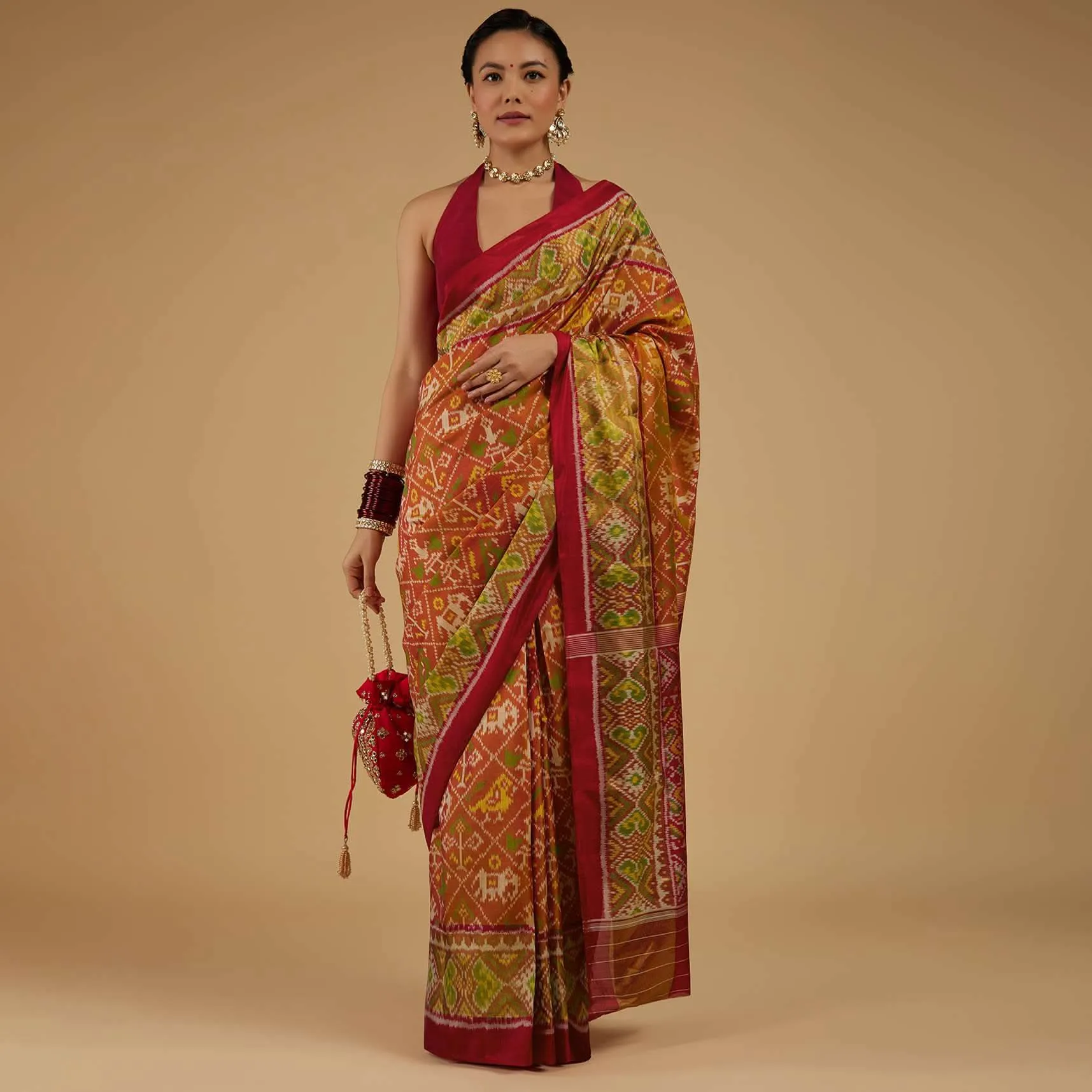 Fire Orange Saree In Silk With Ikat Weave Patola Work