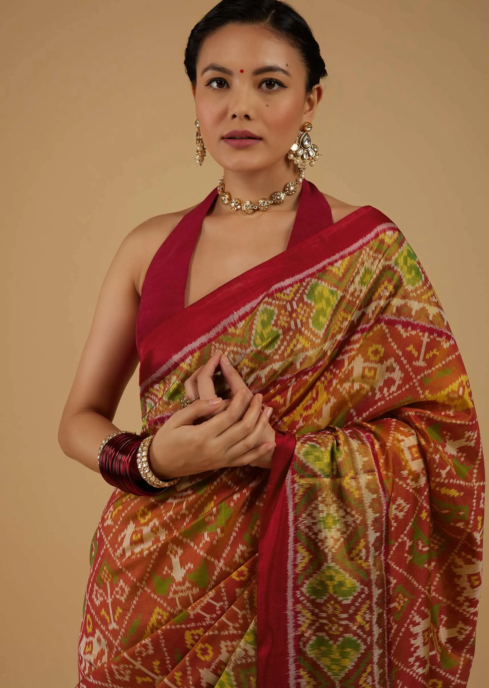Fire Orange Saree In Silk With Ikat Weave Patola Work