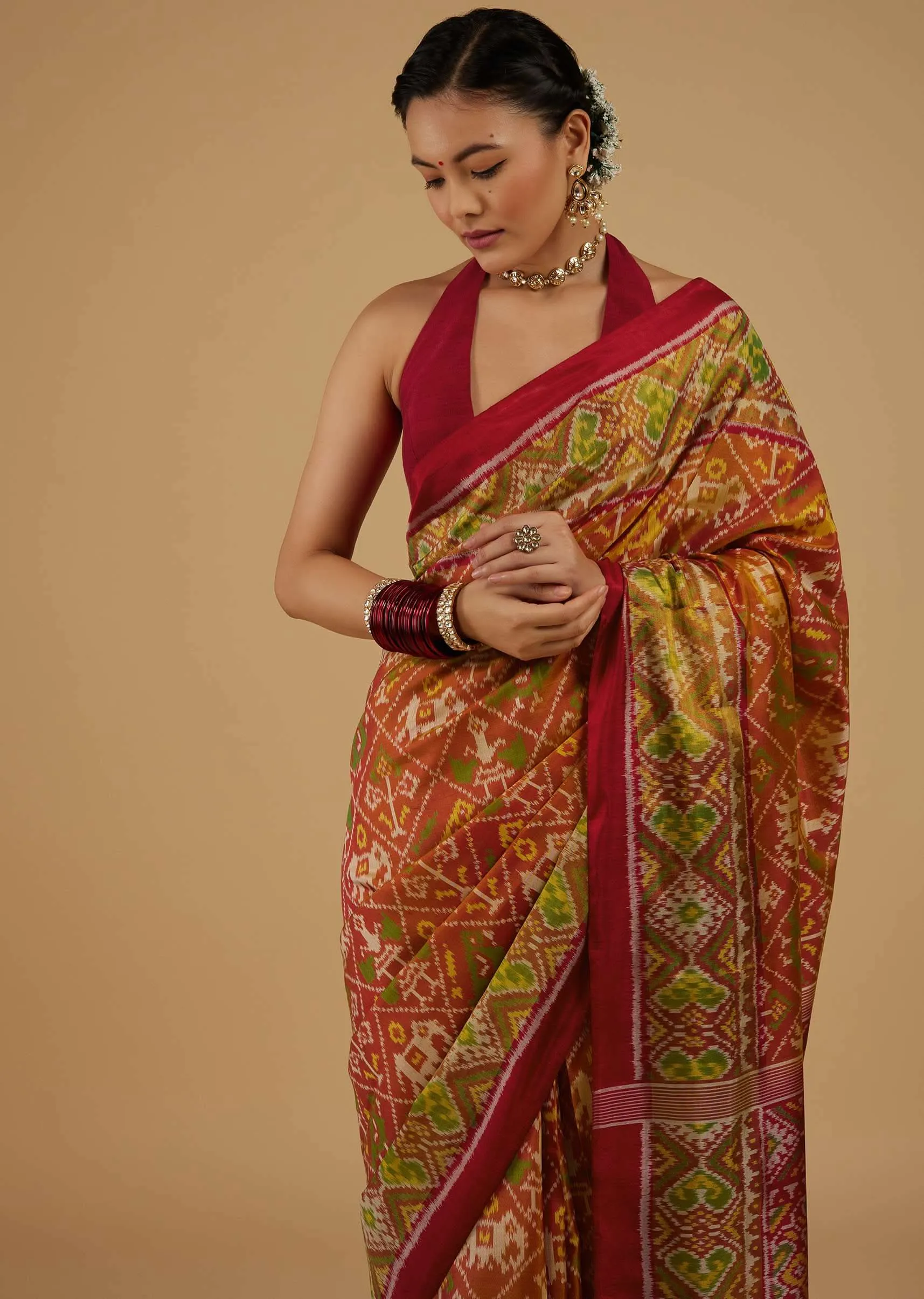 Fire Orange Saree In Silk With Ikat Weave Patola Work