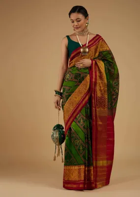 Forest Green Saree In Silk With Ikat Weave Patola Work