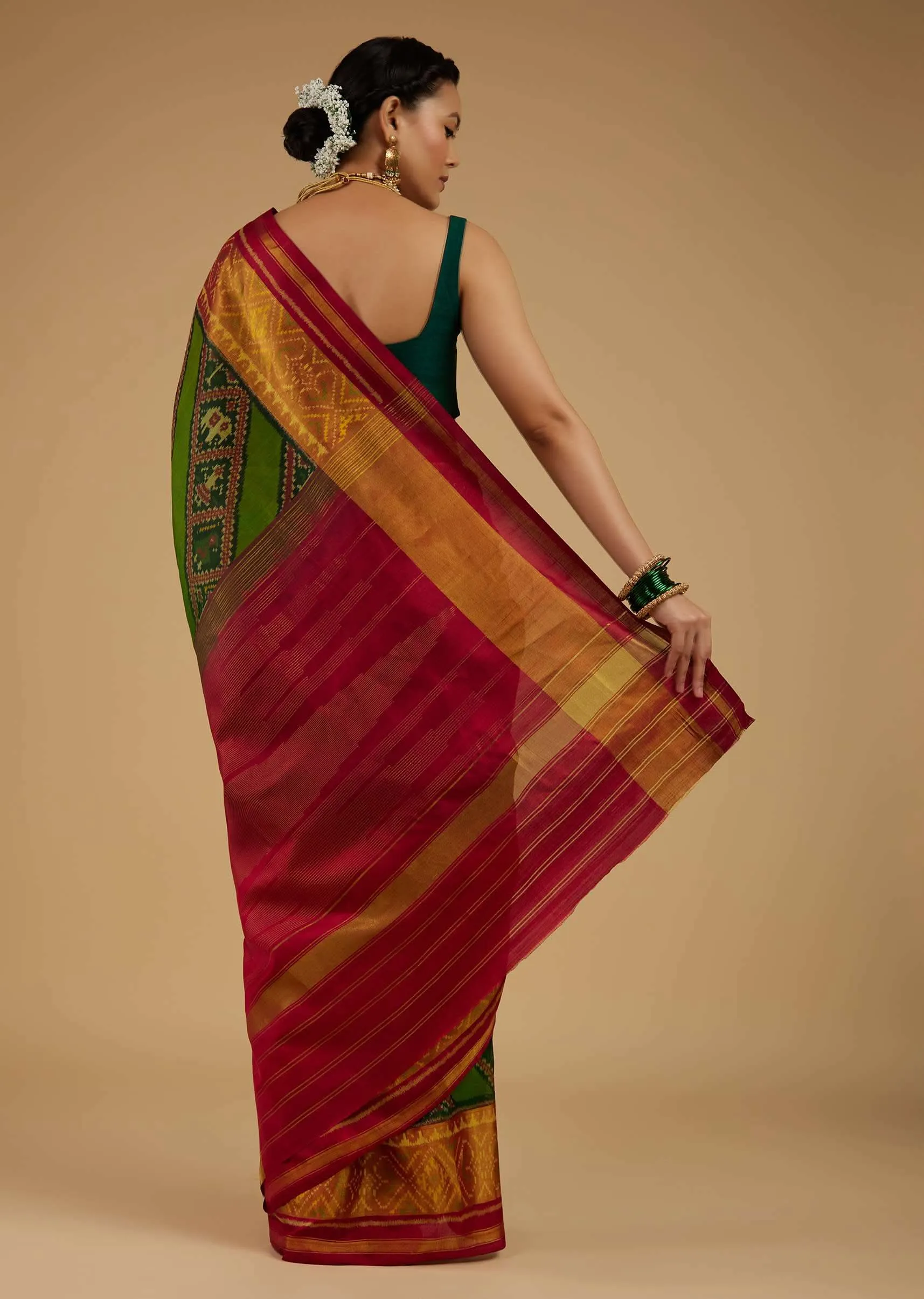 Forest Green Saree In Silk With Ikat Weave Patola Work