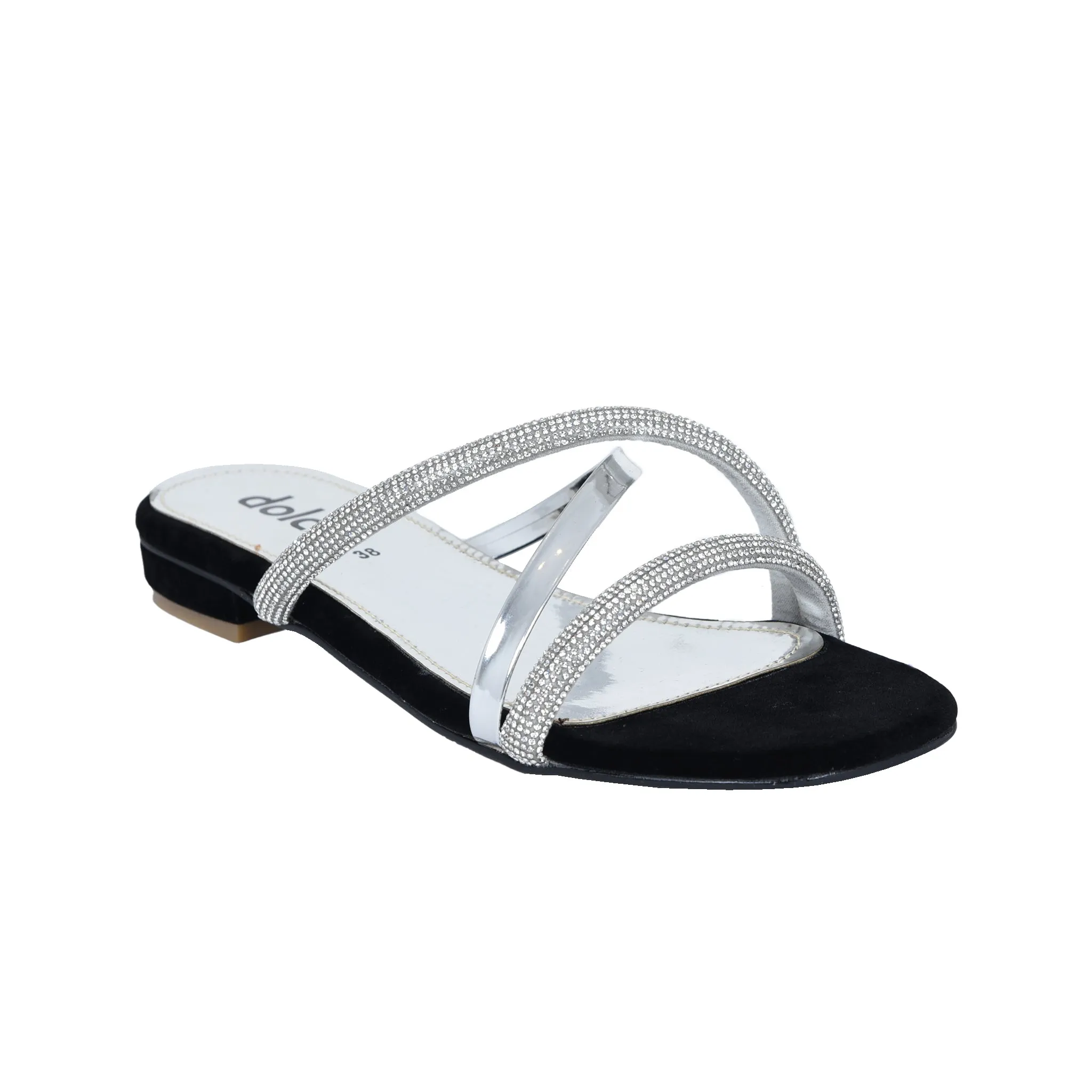 Glamorous Silver Strappy Flats | 515J-C