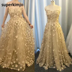 gold prom dresses floral handmade flowers sweetheart neck elegant prom gowns vestido de Longo