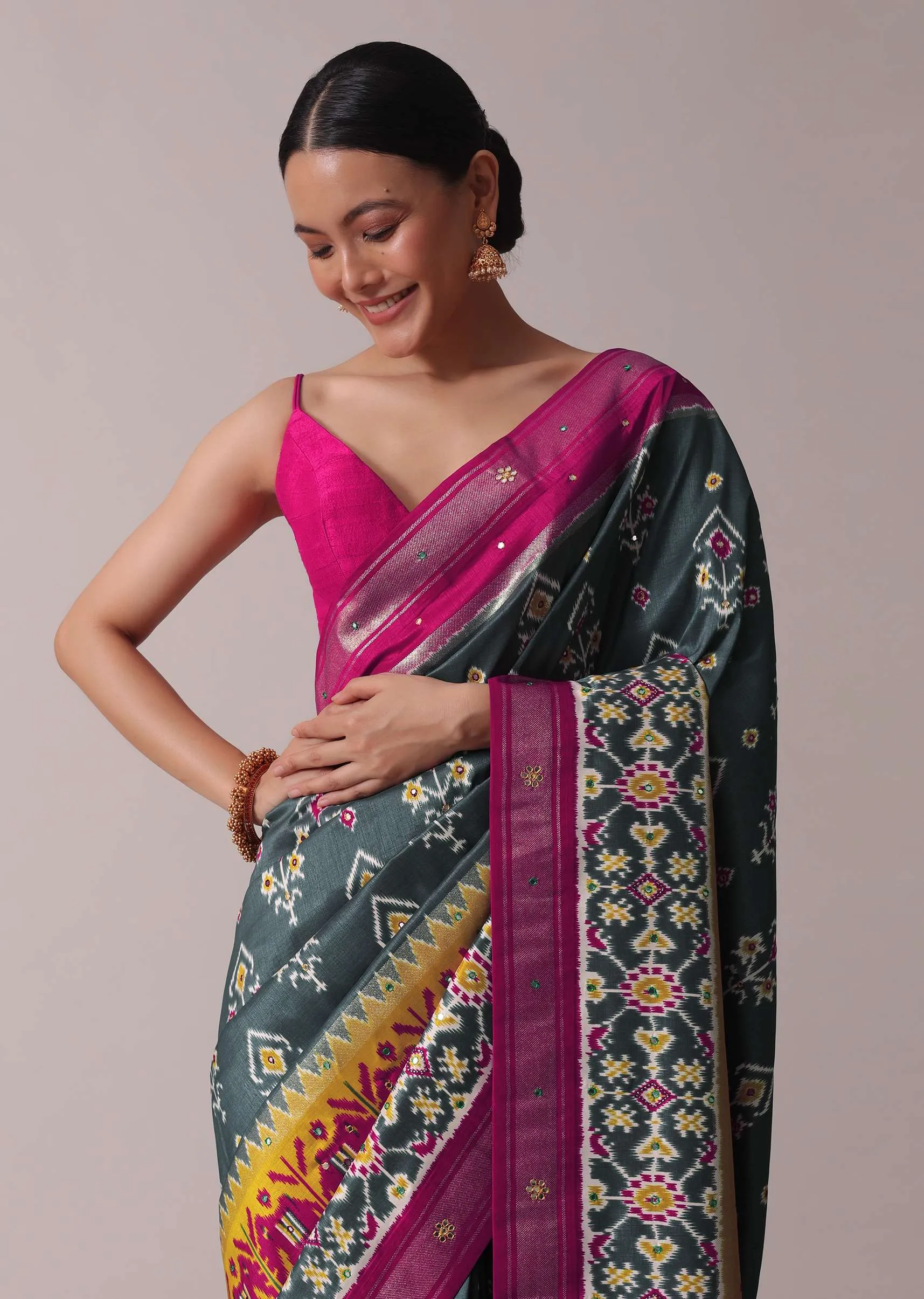 Grey Embroidered Festive Patola Printed Saree In Dola Silk