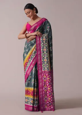 Grey Embroidered Festive Patola Printed Saree In Dola Silk